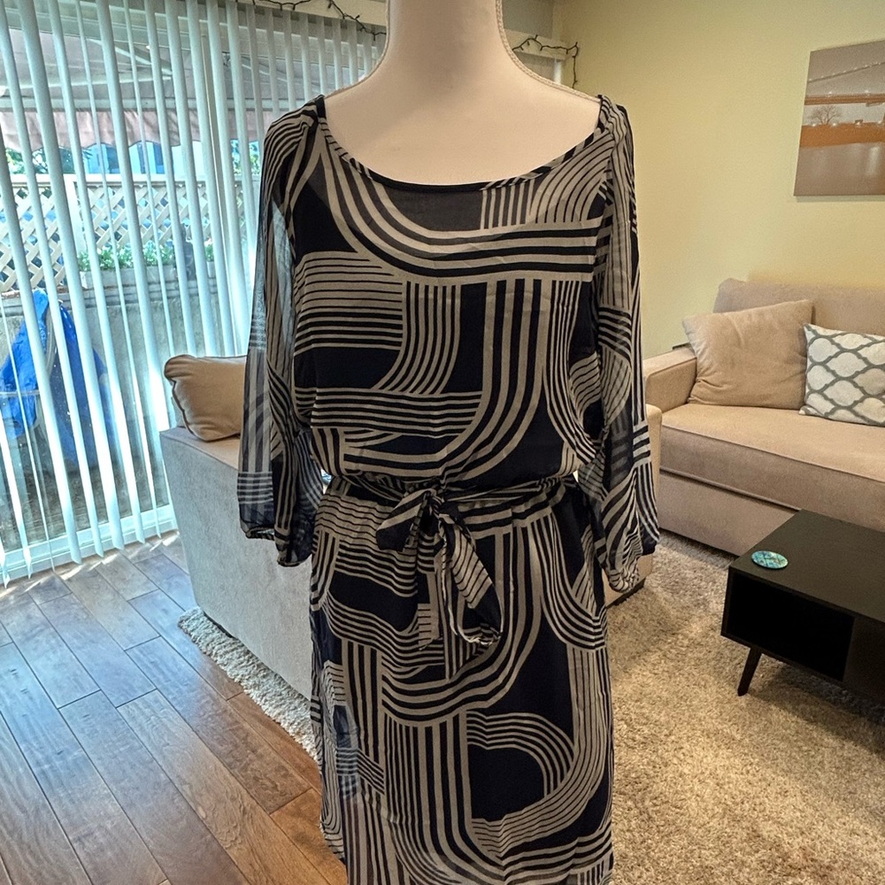 Banana Republic Navy and White Long Sleeve Dress